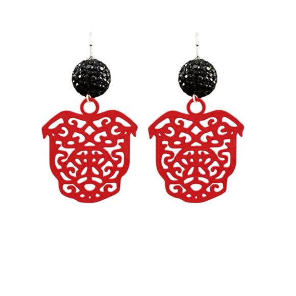 Bulldog Black & Red Filigree Dangle Earrings l Georgia Dawgs l Football Earrings - Picture 1 of 2
